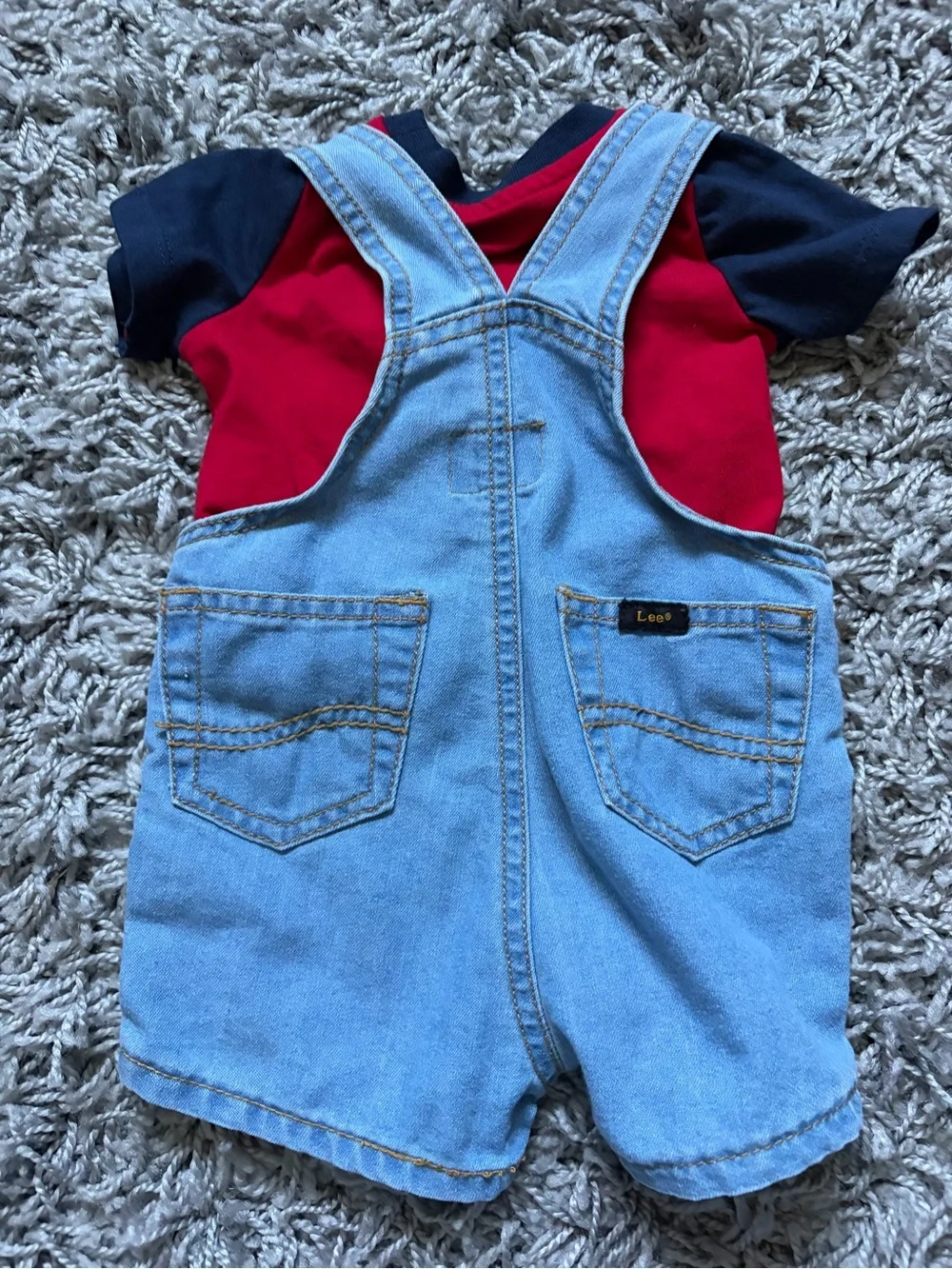 Lee Light Blue Denim Shortalls with Navy & Red Tee